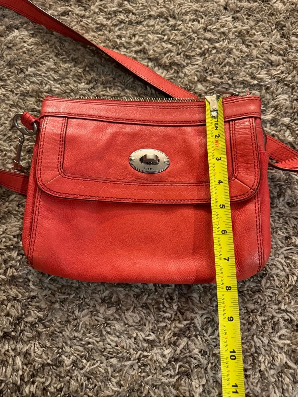 Vintage Fossil Orange Leather Crossbody Bag Key Charm Boho Purse